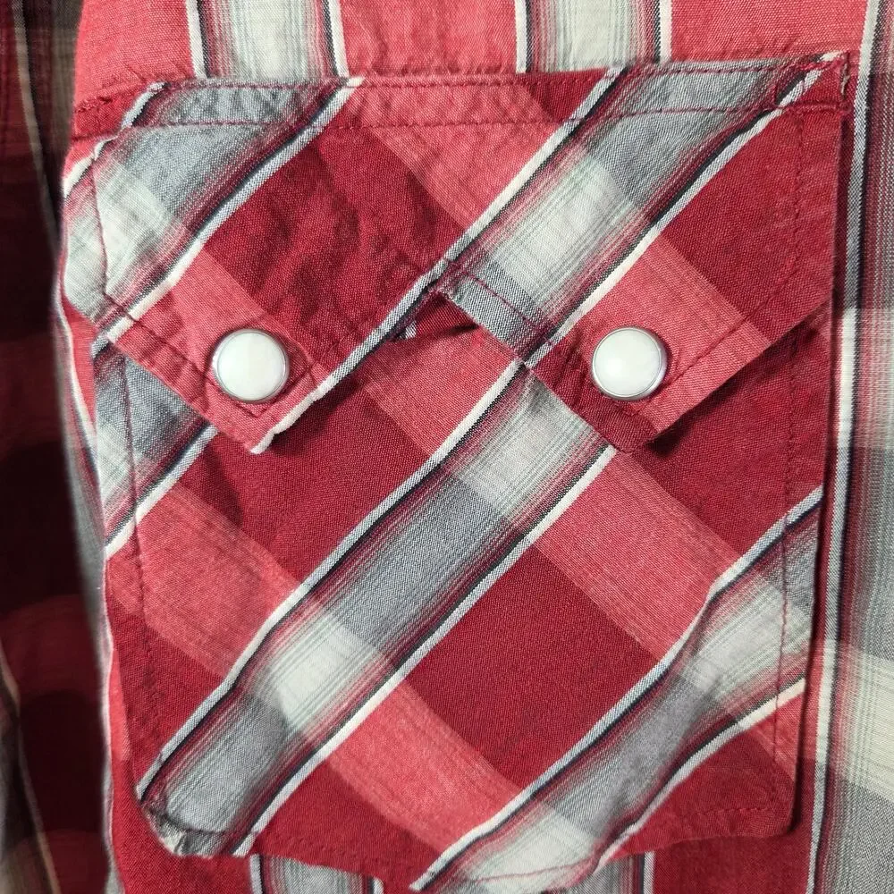 Lucky Brand Red Plaid western pearl snap cowboy long‎ sleeve button up